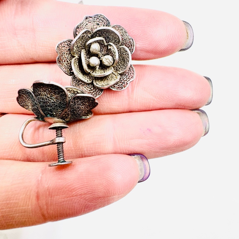 Rare ANTIQUE FILIGREE ROSE BLOSSOM STERING SILVER Necklace & Earrings Set - Picture 3 of 6